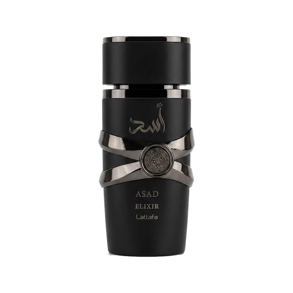 Asad Elixir Lattafa - frasco preto com detalhes em metal