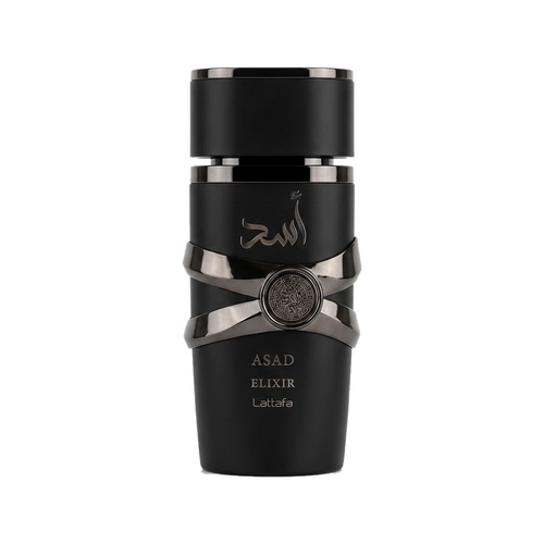 Asad Elixir Lattafa - frasco preto com detalhes em metal