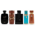 Kit 5 decants arabes masculinos 5ml - Hawas Black, Asad Bourbon, Club de Nuit Intense Man, Vulcan Feu e Liquid Brun, fundo branco