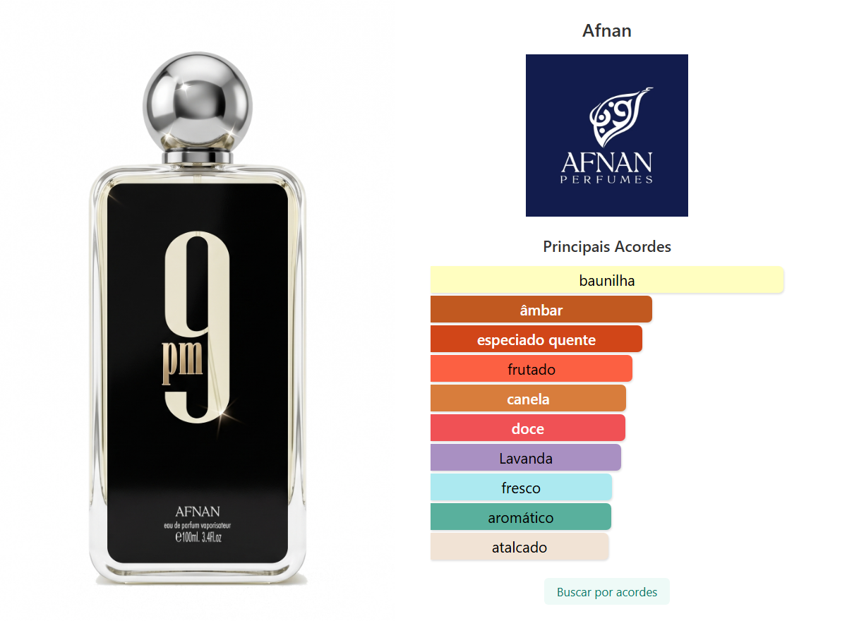 Afnan 9 PM - principais acordes: baunilha, âmbar, especiado quente, frutado, canela, doce, lavanda, fresco, aromático e atalcado