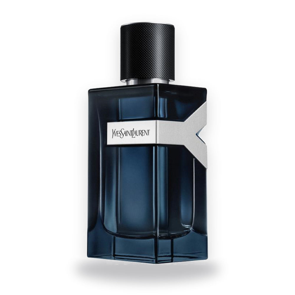 Y Yves Saint Laurent Eau de Parfum Intense 100ml - frasco azul noite com placa prateada, fundo branco