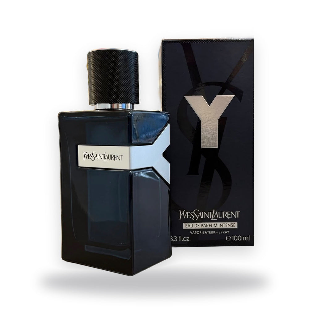 Y Yves Saint Laurent Eau de Parfum Intense 100ml - frasco ao lado da caixa lacrada, fundo branco